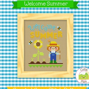 PDF Pattern - Welcome Summer Kawaii Cross Stitch Pattern, Kawaii Sunflower Cross Stitch Pattern, Summer Garden Cross Stitch Pattern