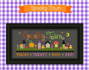 PDF Pattern - Spooky Town Cross Stitch Pattern, Kawaii Halloween Cross Stitch Pattern, Halloween Cross Stitch Sampler