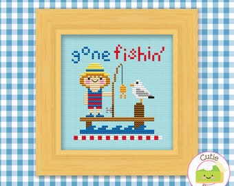 PDF Pattern - Gone Fishin' Kawaii Cross Stitch Pattern, Kawaii Fishing Cross Stitch Pattern, Kawaii Summer Cross Stitch Pattern