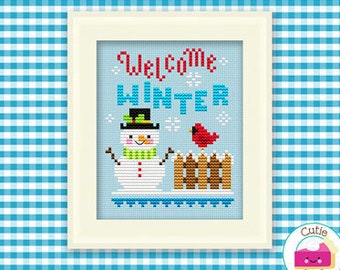 PDF Pattern - Welcome Winter Kawaii Cross Stitch Pattern, Kawaii Snowman Cross Stitch Pattern, Christmas Winter Cross Stitch Pattern