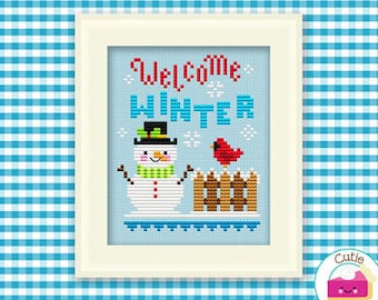 PDF Pattern - Welcome Winter Kawaii Cross Stitch Pattern, Kawaii Snowman Cross Stitch Pattern, Christmas Winter Cross Stitch Pattern