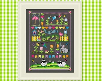 PDF Pattern - Welcome Spring Sampler Cross Stitch Pattern, Kawaii Spring Cross Stitch Pattern, Sheep Flowers Cross Stitch Pattern