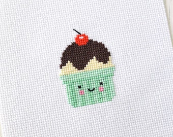 PDF Pattern - Hot Fudge Sundae Cross Stitch Pattern, Kawaii Ice Cream Cross Stitch Pattern, Sundae Embroidery Pattern