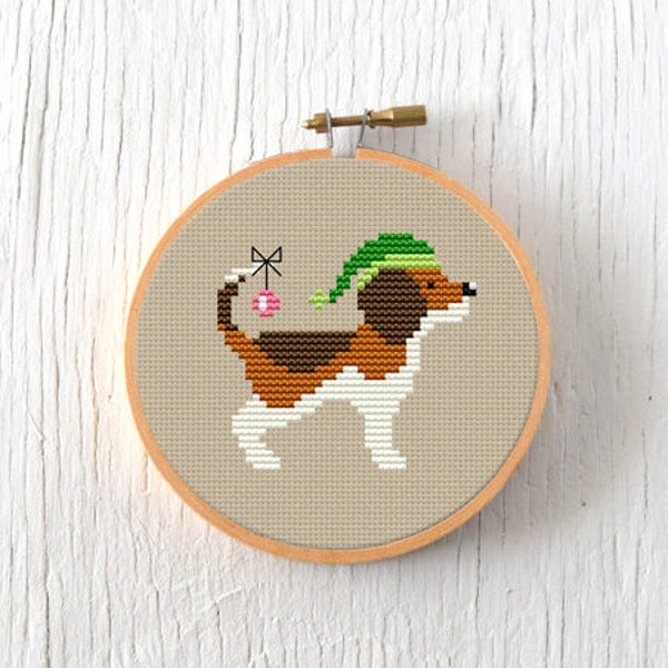 PDF Pattern - Festive Beagle Cross Stitch Pattern, Christmas Beagle Cross Stitch Pattern, Christmas Dog Cross Stitch Pattern