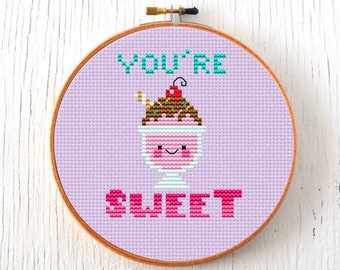 PDF Pattern - You're Sweet Cross Stitch Pattern, Kawaii Valentine Cross Stitch Pattern, Kawaii Sundae Cross Stitch