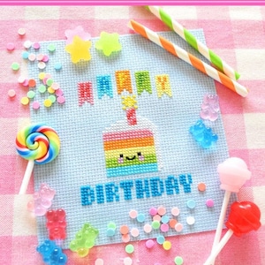 PDF Pattern - Happy Birthday Cake Cross Stitch Pattern, Kawaii Cake Cross Stitch Pattern, Kawaii Dessert Cross Stitch
