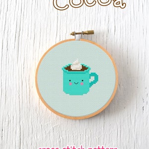 Patrón PDF - Patrón Punto de Cruz Cacao Caliente, Patrón Punto de Cruz Cacao Caliente Kawaii, Patrón de Bordado Cacao Caliente