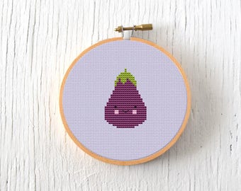 PDF Pattern - Little Eggplant Cross Stitch Pattern, Kawaii Eggplant Cross Stitch Pattern, Aubergine Embroidery Pattern