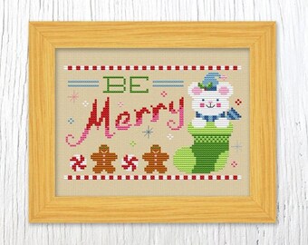 PDF Pattern - Be Merry Cross Stitch Pattern, Christmas Cross Stitch Pattern, Holiday Mouse Cross Stitch Pattern