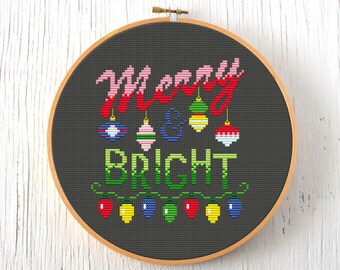 PDF Pattern - Merry & Bright Cross Stitch Pattern, Retro Christmas Cross Stitch Pattern, Christmas Cross Stitch Pattern