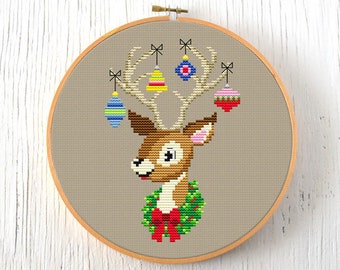 PDF Pattern - Jolly Reindeer Cross Stitch Pattern, Retro Christmas Cross Stitch Pattern, Kitschy Reindeer Christmas Cross Stitch Pattern