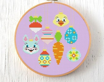 PDF Pattern - Spring Baubles Cross Stitch Pattern, Retro Easter Ornaments Cross Stitch Pattern, Easter Bunny Cross Stitch Pattern