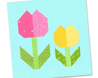 Padrão PDF - Padrão de bloco de colcha de tulipas bonitas, padrão de bloco de colcha de Páscoa, bloco de colcha de flores de primavera, padrão de colcha de tulipas de Páscoa