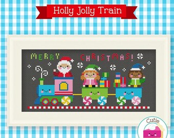 PDF Pattern - Holly Jolly Train Cross Stitch Pattern, Kawaii Christmas Cross Stitch Pattern, Santa Cross Stitch, Kawaii Elves Cross Stitch