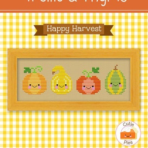 Puede incluir: Patrón de punto de cruz contado con una imagen enmarcada de tres calabazas sonrientes en naranja, amarillo y verde. El título "Trellis & Thyme Happy Harvest" está por encima de la imagen. El texto "Counted Cross Stitch Pattern" está debajo de la imagen.
