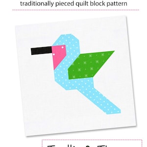 May include: A quilt block pattern for a hummingbird, featuring a blue, green, pink, and black design. The pattern is for 6-inch and 12-inch blocks. The text "Trellis & Thyme" is at the bottom of the image.