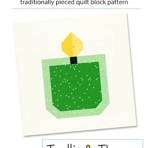 May include: A quilt block pattern featuring a green jar candle design with a yellow flame. The text "Cozy Jar Candle" and "Trellis & Thyme" are displayed. The pattern is for 6" & 12" blocks.