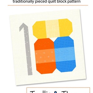 May include: A quilt block pattern design for a 6-inch or 12-inch quilt block. The pattern is called "Trellis & Thyme" and is numbered 18. The quilt block is made up of yellow, orange, and blue fabric.