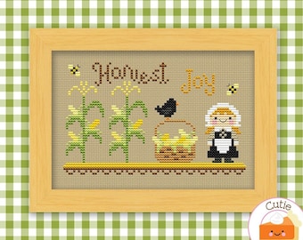 PDF Pattern - Harvest Joy Kawaii Cross Stitch Pattern, Kawaii Fall Pilgrim Cross Stitch Sampler, Autumn Cross Stitch Sampler Pattern