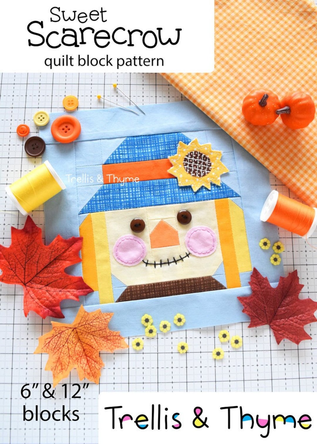 PDF Pattern Sweet Scarecrow Quilt Block Pattern, Autumn Quilt Block