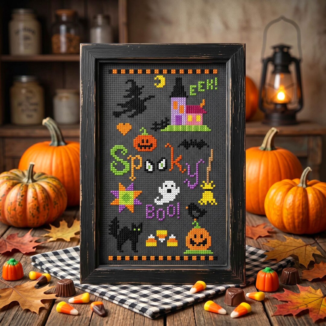 Spooky Sampler Cross Stitch Pattern - Halloween Witch Ghost Black Cat ...