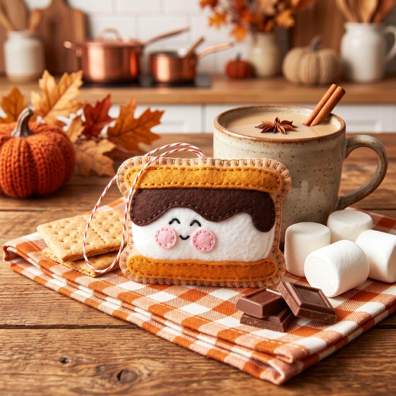 May include: A felt s'mores ornament with a smiling face, displayed on a checkered orange and white napkin. The ornament is surrounded by graham crackers, marshmallows, and chocolate. A mug of hot beverage and a small pumpkin are in the background.
