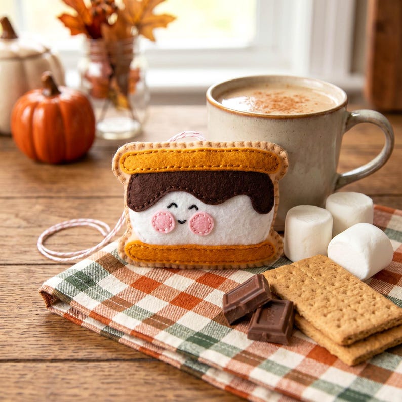 May include: A felt s'mores ornament with a smiling face, featuring a white marshmallow, dark chocolate, and graham cracker. The ornament is on a plaid napkin with a mug of coffee, marshmallows, and chocolate squares.