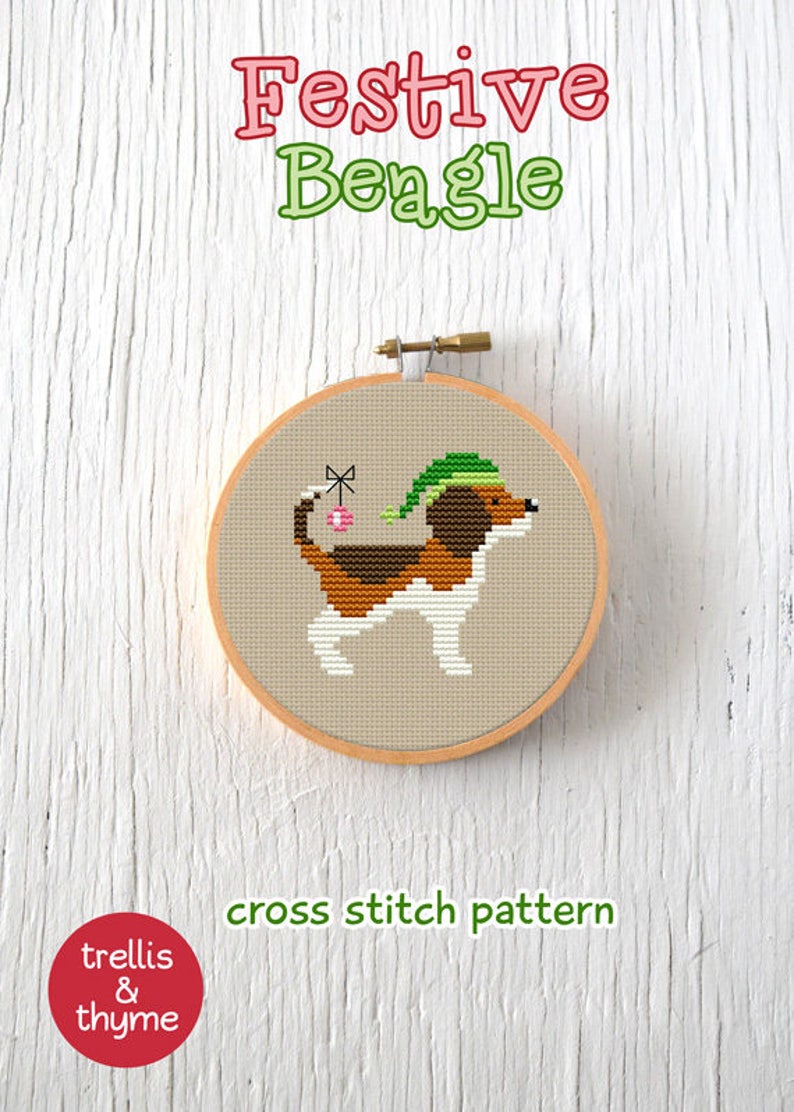 PDF Pattern Festive Beagle Cross Stitch Pattern, Christmas Beagle Cross Stitch Pattern, Christmas Dog Cross Stitch Pattern image 1