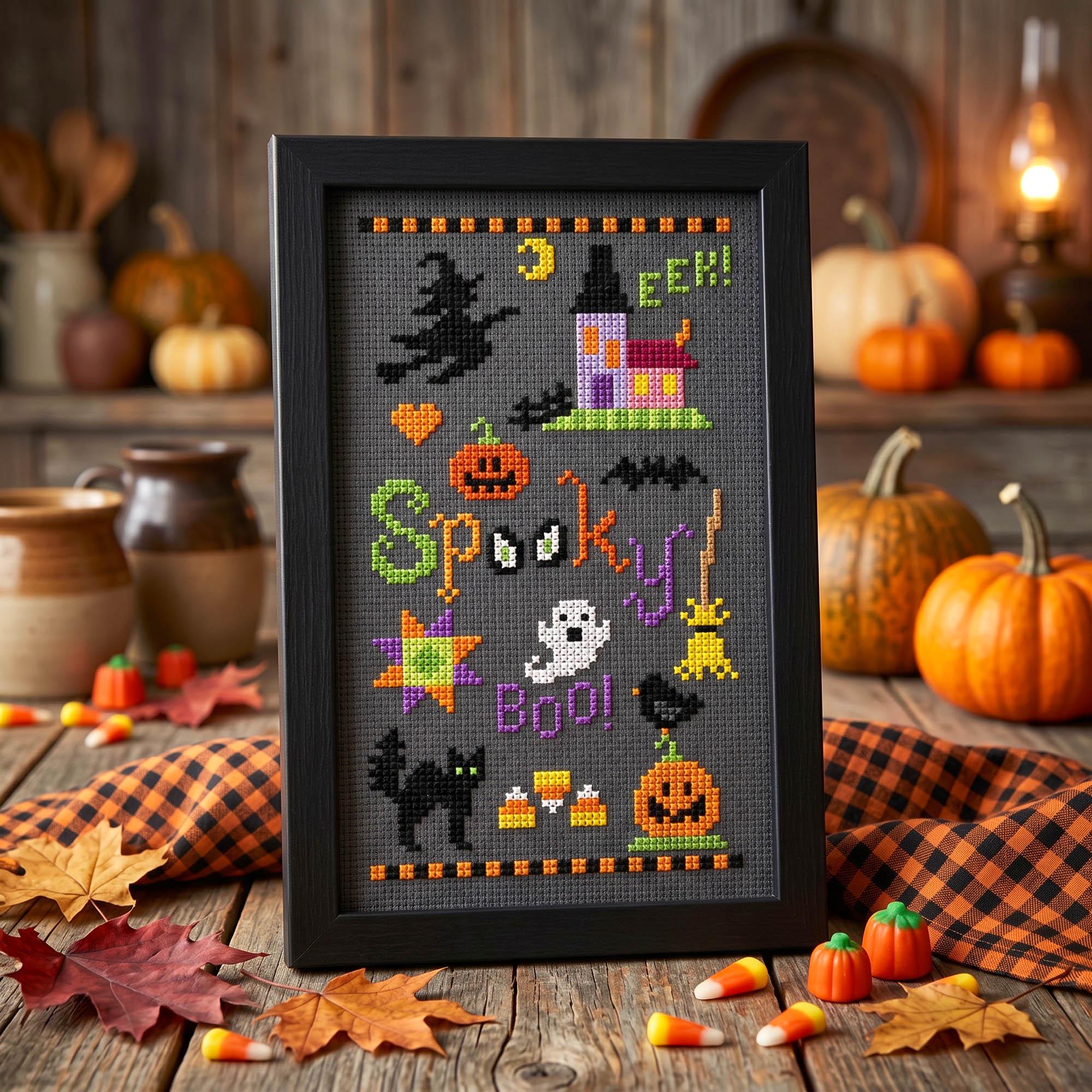 Spooky Sampler Cross Stitch Pattern - Halloween Witch Ghost Black Cat ...