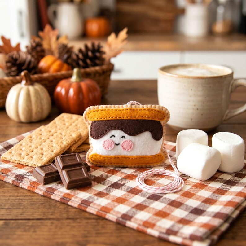 May include: A felt s'mores ornament with a smiling face, graham crackers, chocolate, and marshmallows on a plaid cloth. A mug of coffee, pumpkins, and pinecones are in the background. The ornament is approximately 3 inches wide.
