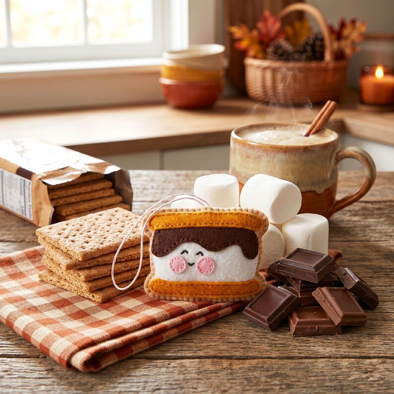 May include: A felt s'more ornament with a smiling face, graham crackers, marshmallows, and chocolate on a wooden surface. A mug of hot beverage with a cinnamon stick and a plaid napkin are also present. The scene evokes a cozy, autumnal theme.
