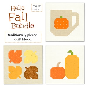 PDF Pattern - Hello Fall Quilt Block Bundle, Autumn Leaves Quilt Block, Pumpkin Spice Latte Block Pattern, Pumpkin Patch Quilt Block Pattern