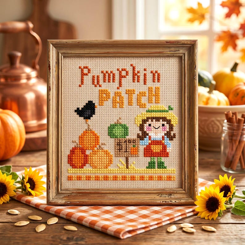Pumpkin Patch Cross Stitch Pattern - Cozy Fall Kawaii Kids (PDF Pattern ...