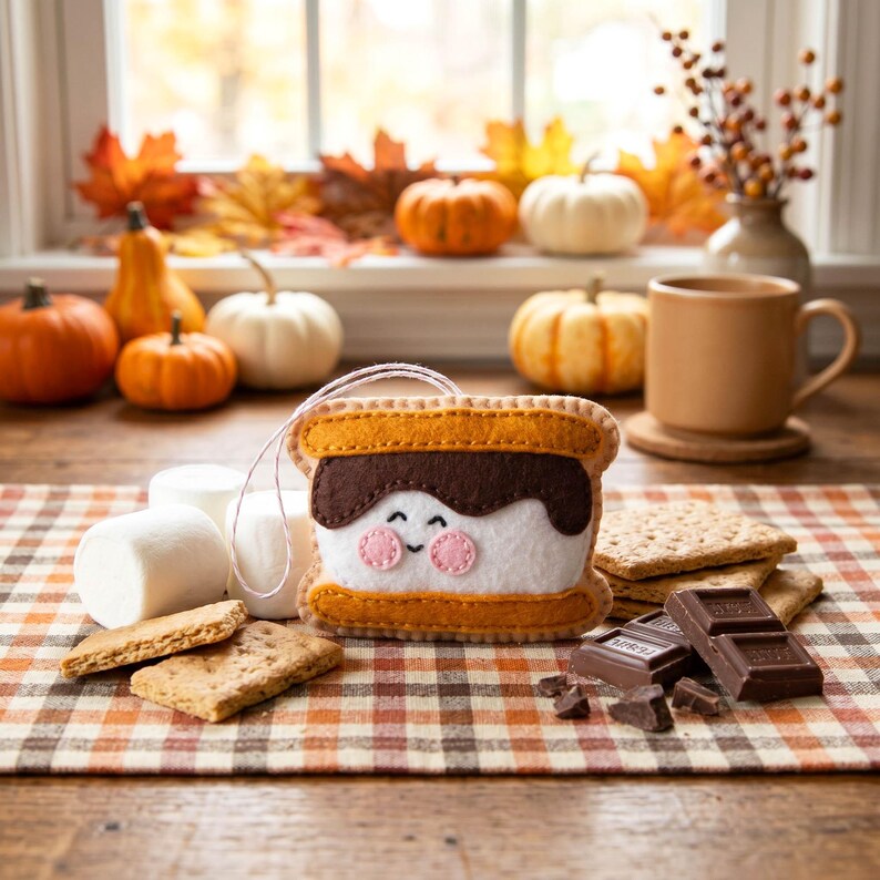 May include: A felt s'more ornament with a smiling face, graham crackers, marshmallows, and chocolate pieces. The ornament has a brown top and bottom, a white marshmallow center, and pink cheeks. Pumpkins and fall foliage are in the background.
