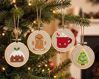 Merry Treats Minis Cross Stitch Pattern – Gingerbread, hot cocoa, sugar cookie Christmas tree, plum pudding (PDF Pattern)
