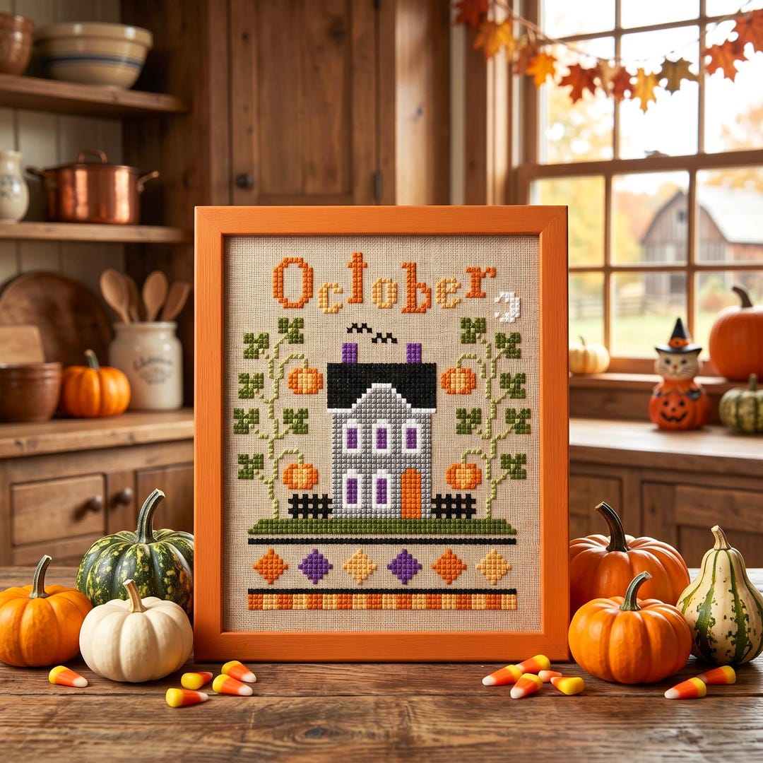 October Continuous Patten October Calendar Cottage Cross Stitch Pattern - Fall Sampler Halloween ...
