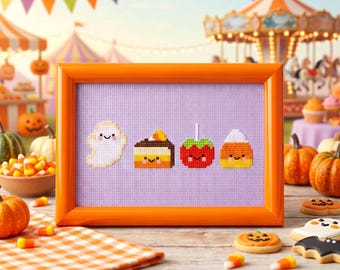 Spooky Treats Minis Cross Stitch Pattern – ghost sugar cookie, Halloween cake, poison apple, candy corn (PDF Pattern)