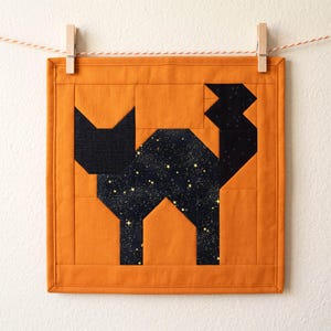 May include: A square, orange quilted wall hanging featuring a black cat silhouette. The cat's body is filled with a starry night pattern. The piece is hung with clothespins on a string, creating a charming, handmade aesthetic.
