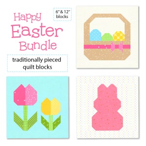 Puede incluir: Paquete Happy Easter de bloques de acolchado de 15 cm y 30 cm con una cesta de huevos de Pascua, un conejito y tulipanes. Bloques de acolchado tradicionalmente unidos.