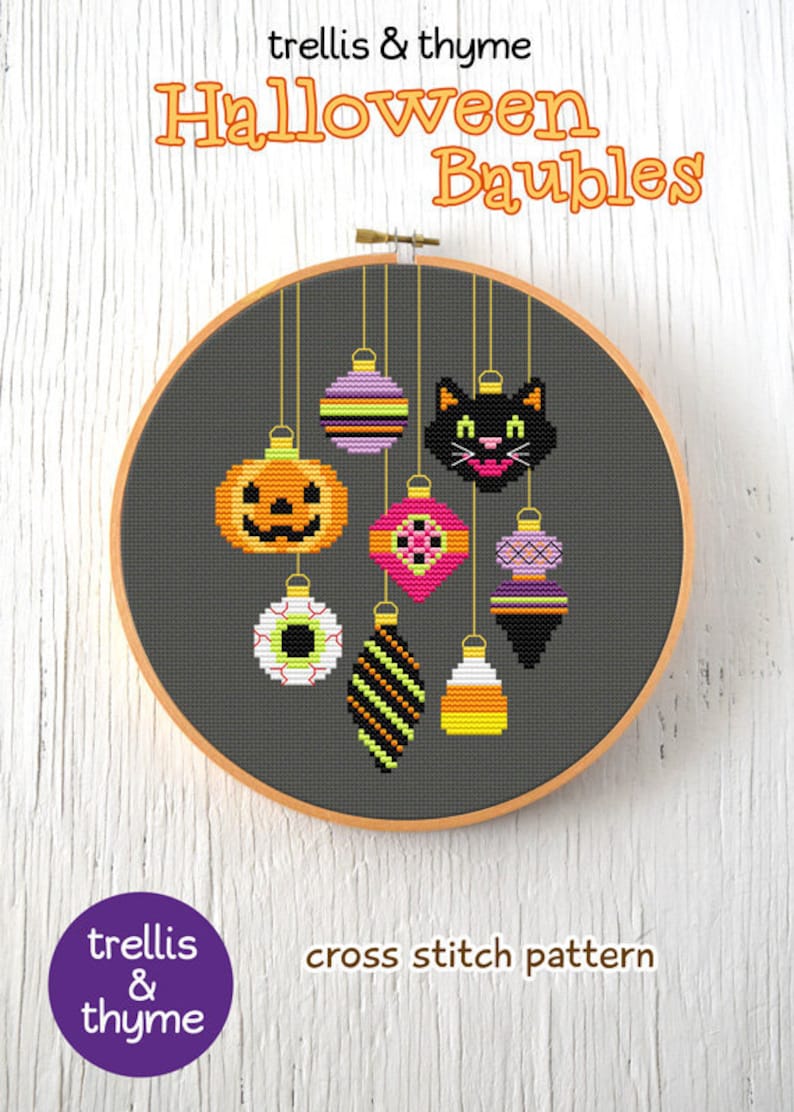 PDF Pattern Halloween Baubles Cross Stitch Pattern, Vintage Halloween Ornaments Cross Stitch Pattern, Black Cat Cross Stitch Pattern image 1