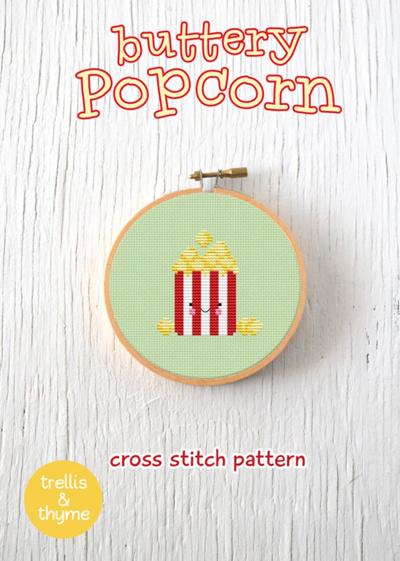 PDF Pattern Buttery Popcorn Cross Stitch Pattern, Kawaii Popcorn Cross Stitch Pattern, Popcorn Embroidery Pattern image 3