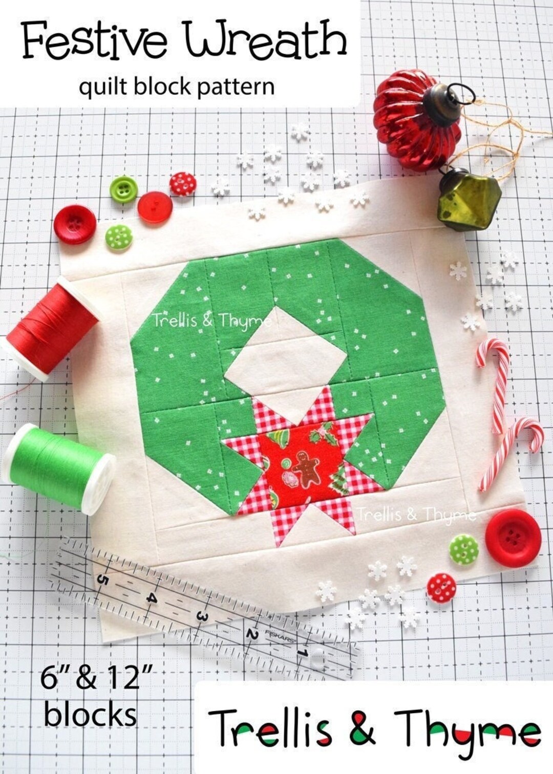 PDF Pattern Festive Wreath Quilt Block Pattern Christmas Etsy