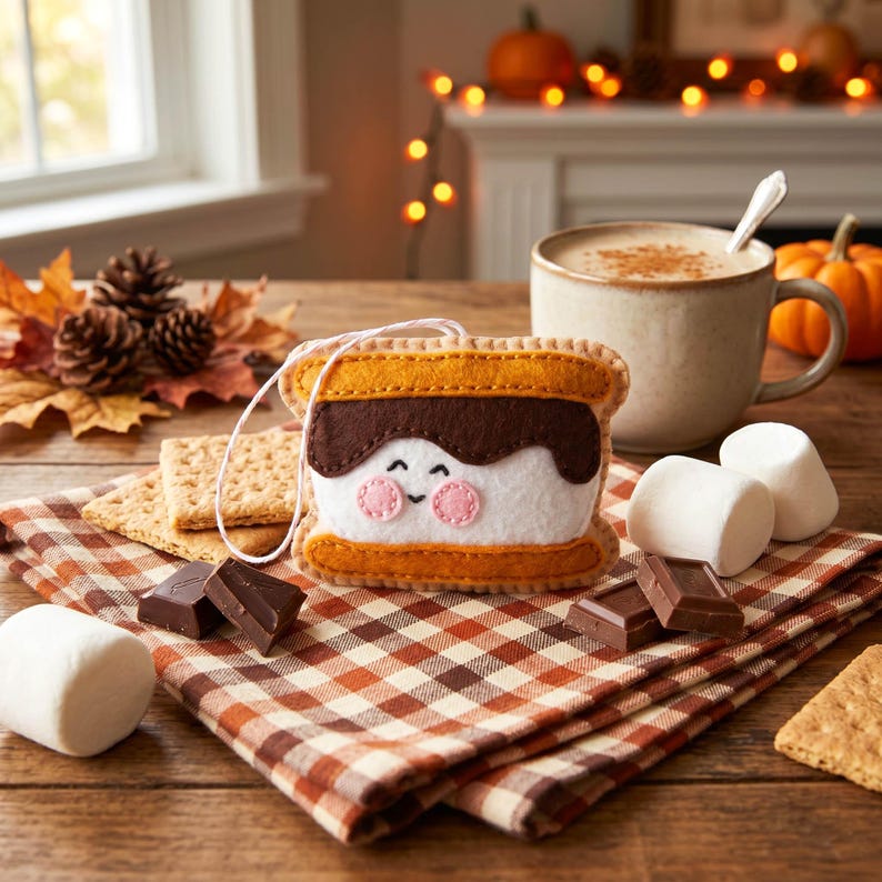 May include: A felt s'mores ornament with a smiling face, graham crackers, chocolate pieces, and marshmallows on a plaid napkin. A mug of coffee and pumpkins are in the background. The ornament is tan, brown, white, and pink.