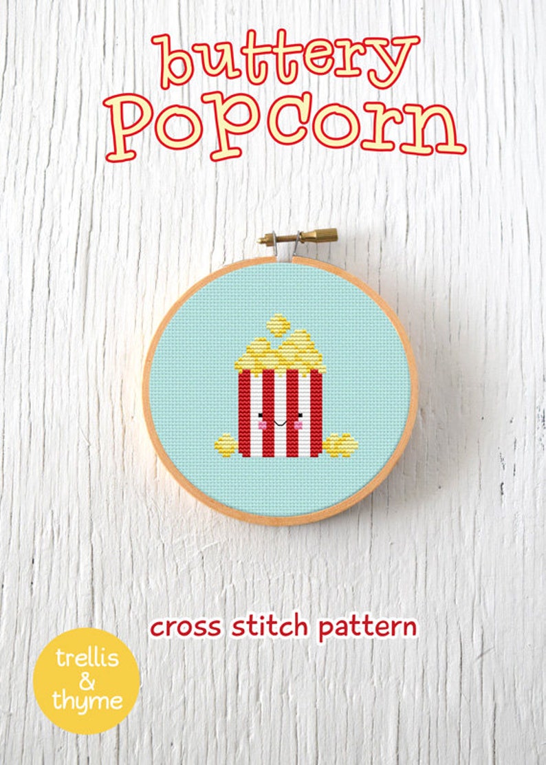 PDF Pattern Buttery Popcorn Cross Stitch Pattern, Kawaii Popcorn Cross Stitch Pattern, Popcorn Embroidery Pattern image 1