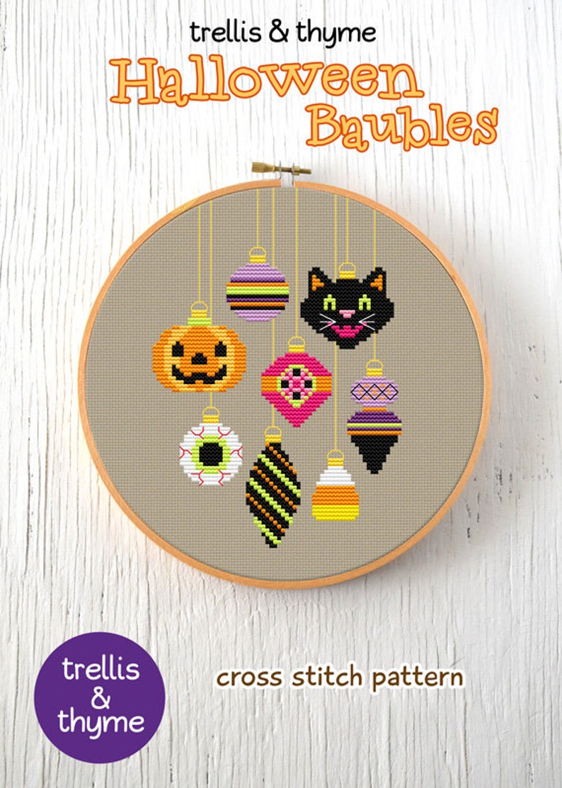 PDF Pattern Halloween Baubles Cross Stitch Pattern, Vintage Halloween Ornaments Cross Stitch Pattern, Black Cat Cross Stitch Pattern image 2