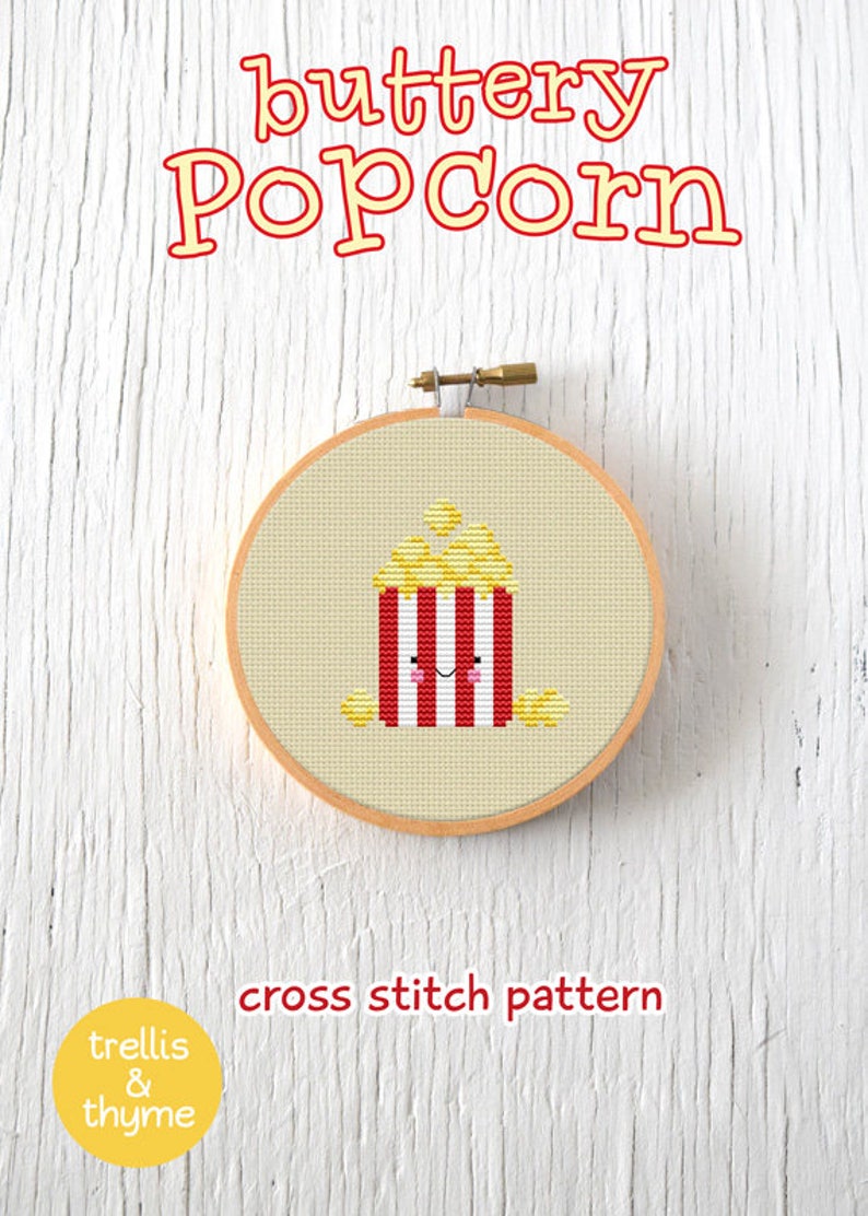PDF Pattern Buttery Popcorn Cross Stitch Pattern, Kawaii Popcorn Cross Stitch Pattern, Popcorn Embroidery Pattern image 2