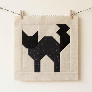 May include: A square, fabric quilt block featuring a geometric black cat design. The cat is set against a light beige background and is suspended by a clothesline with wooden clothespins. The cat's body has a speckled pattern.