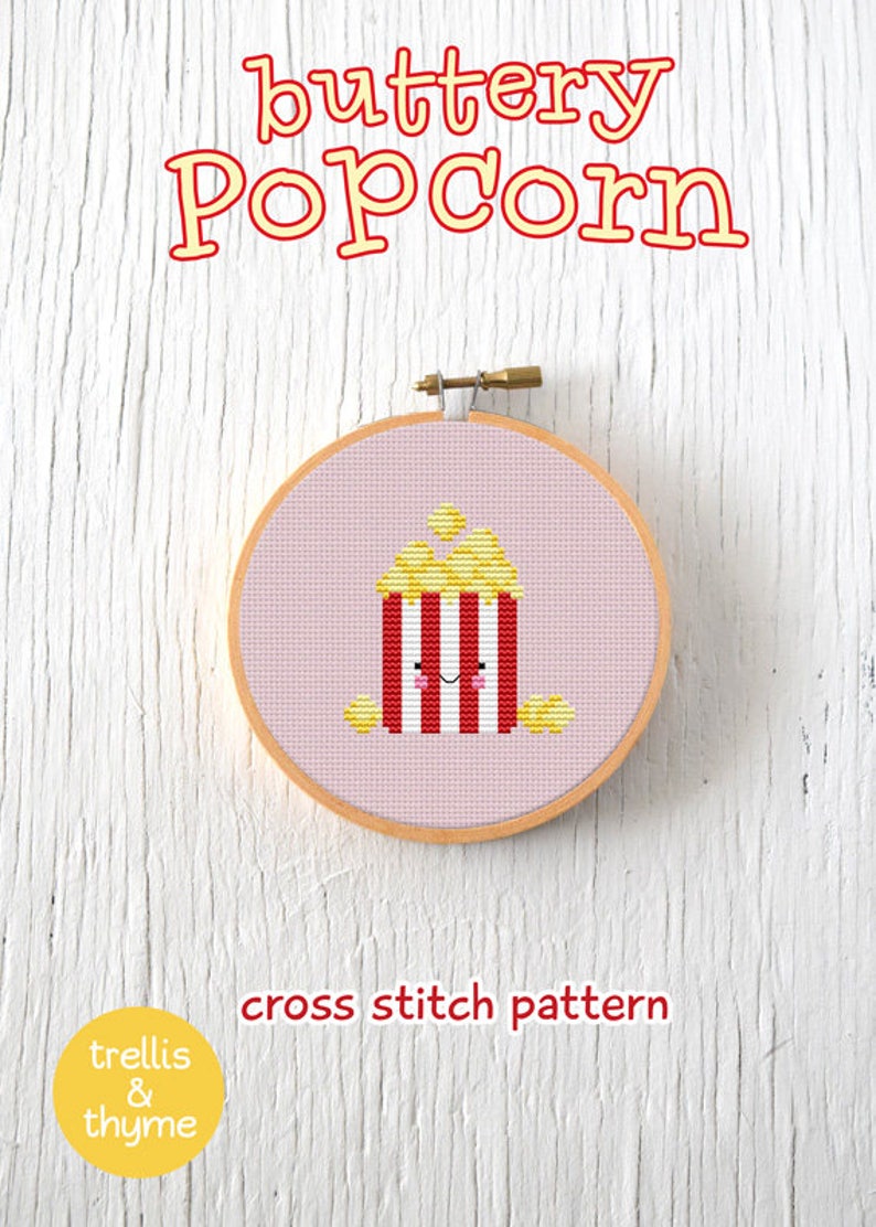 PDF Pattern Buttery Popcorn Cross Stitch Pattern, Kawaii Popcorn Cross Stitch Pattern, Popcorn Embroidery Pattern image 4