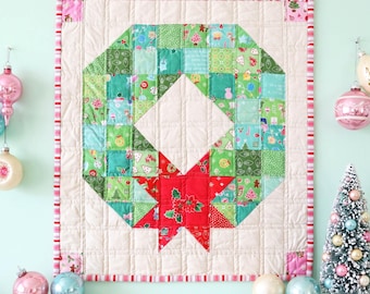 Festive Wreath Mini Patchwork Quilt Pattern – cottagecore Christmas Holiday Sewing scrappy (PDF Pattern)