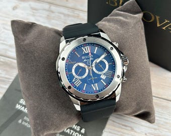 98B258 Marine Star Blue Dial Black Rubber Strap Quartz Men's Watch 44MM Gift for Him